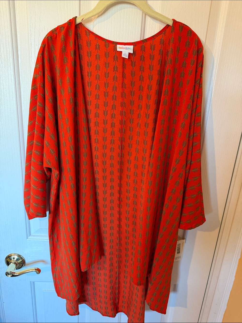 LuLaRoe Orange Duster with Green Leaf Stripe Print
